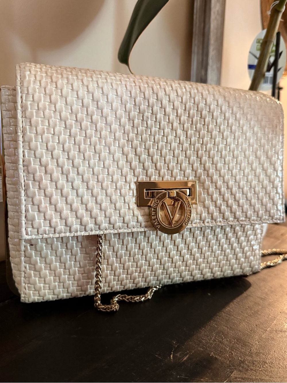 Valentino Ivory Woven Clutch with Gold Chain and Logo Lock